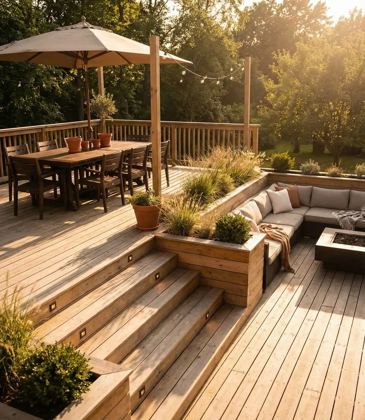 Terrasse bois avec escaliers et bacs de plantation